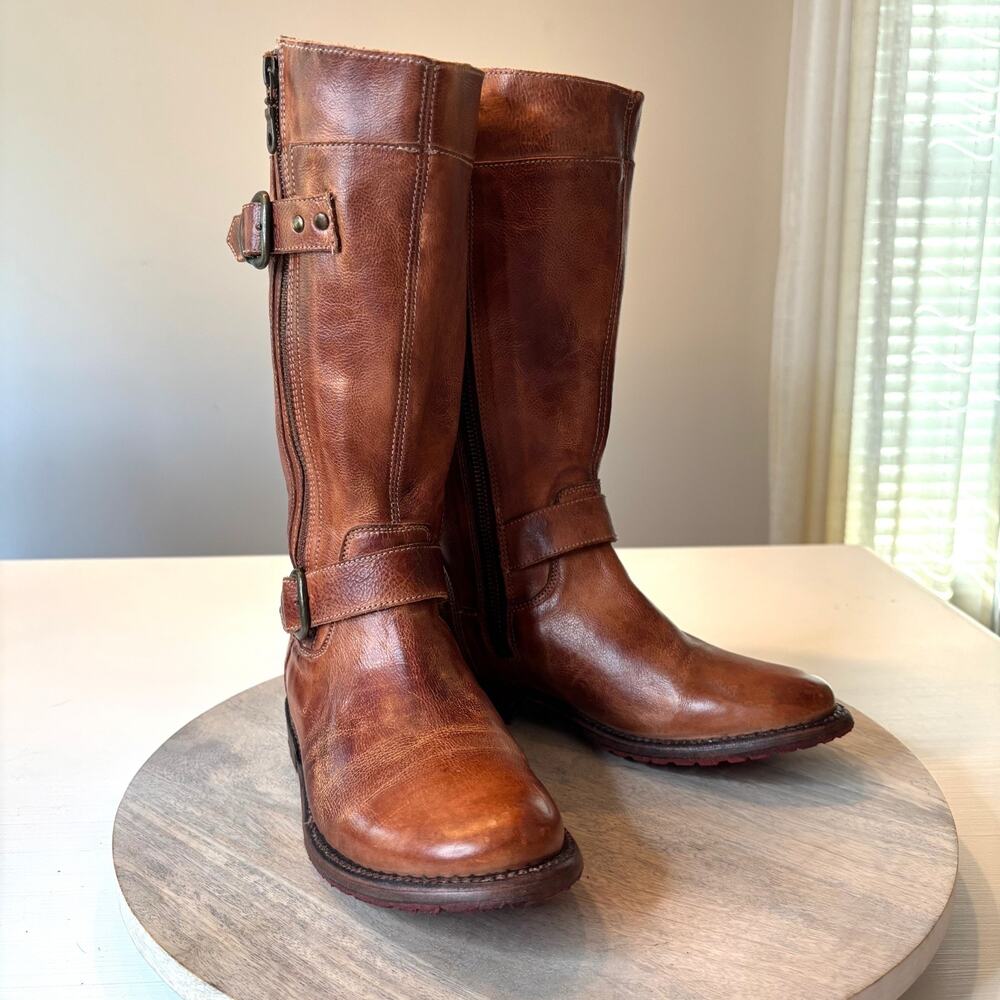 Bed Stu Gogo Lug Boots Women's Sz 7.5 Brown Leather Moto Engineer Buckle Zip